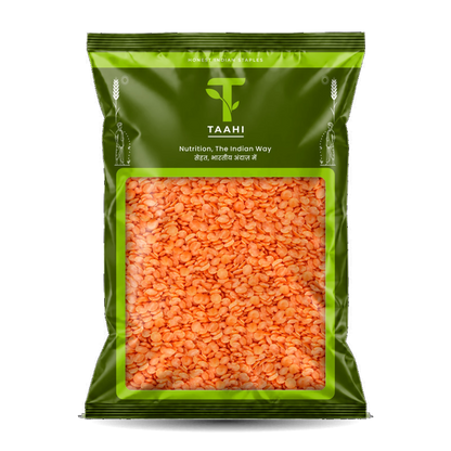 Front of Taahi Unpolished masoor split dal 500 g pack